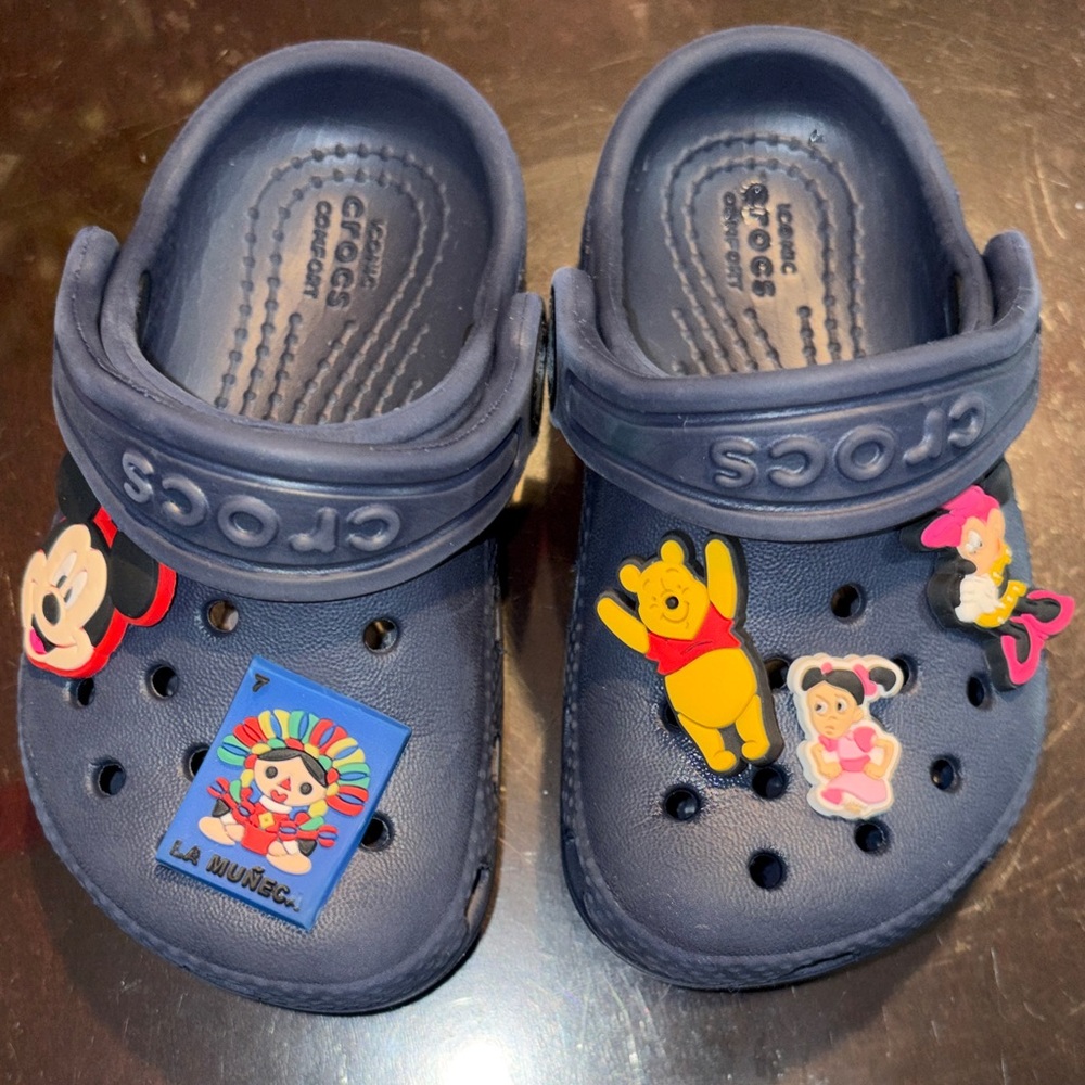 CROCS Kids Navy Slippers with Fun Cartoon Charms